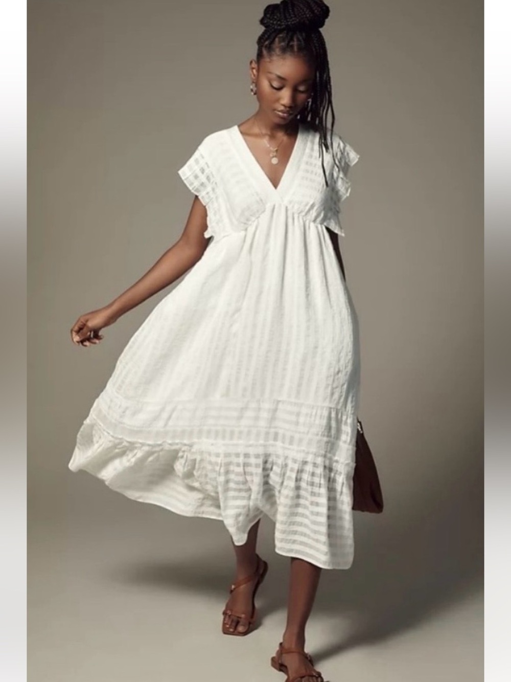 Anthropologie V-Neck Ruffled Tiered Babydoll Midi Dress White